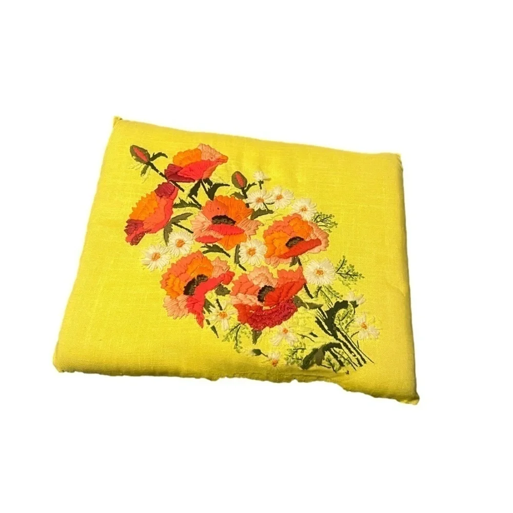 Retro Vintage Crewel Pillow‎  Daisy Flowers Daisies Yellow Fringe Trim